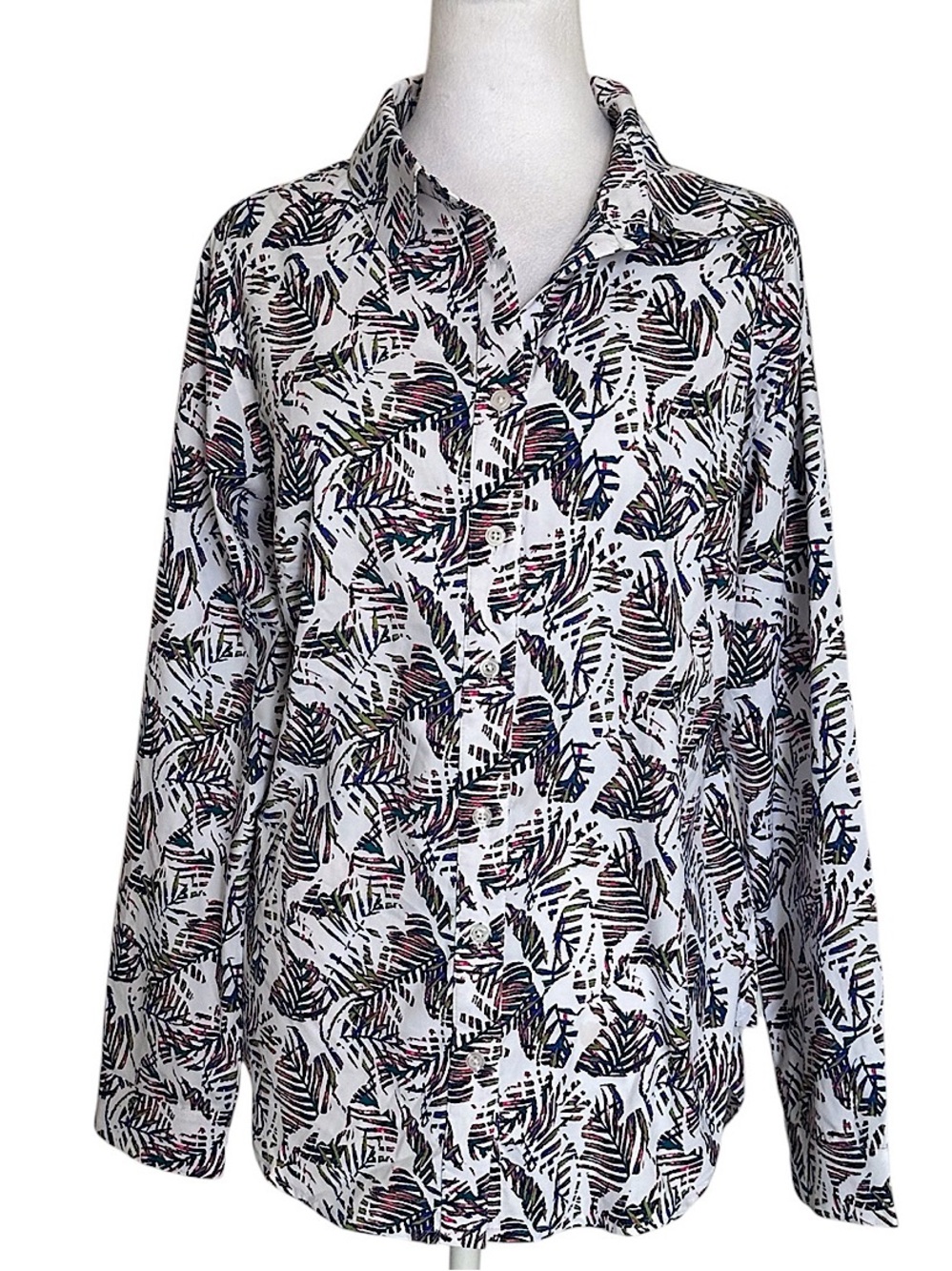 Coolibar Button Down Shirt Women’s Medium Blue White Palm UPF 50+ Beach Tropical